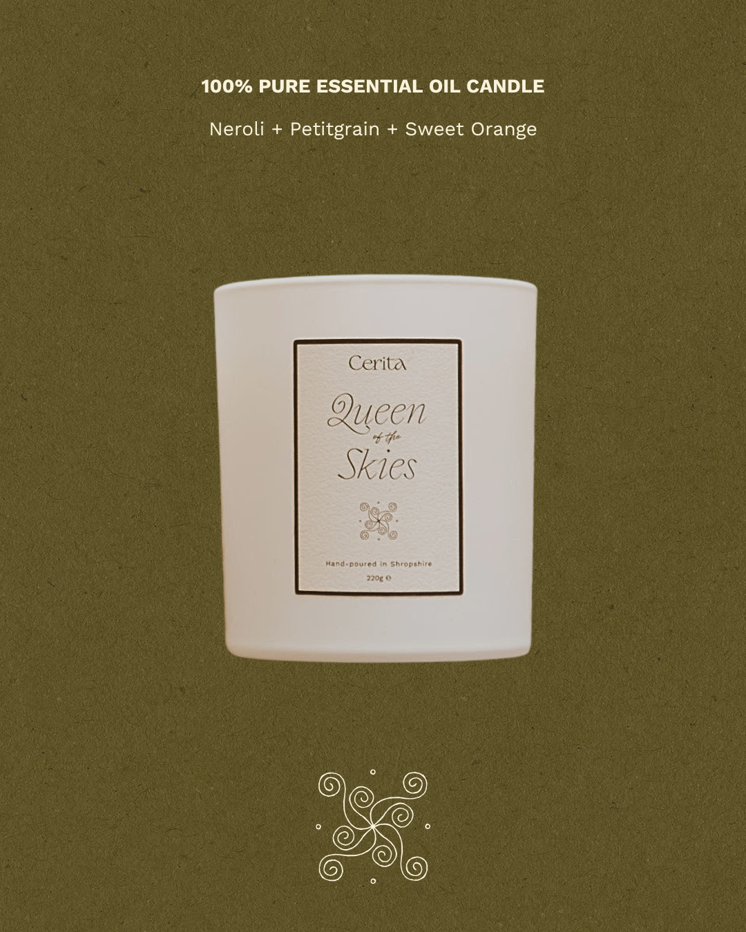 queen of the skies aromatherapy candle by Cerita on green background with fragrance notes text