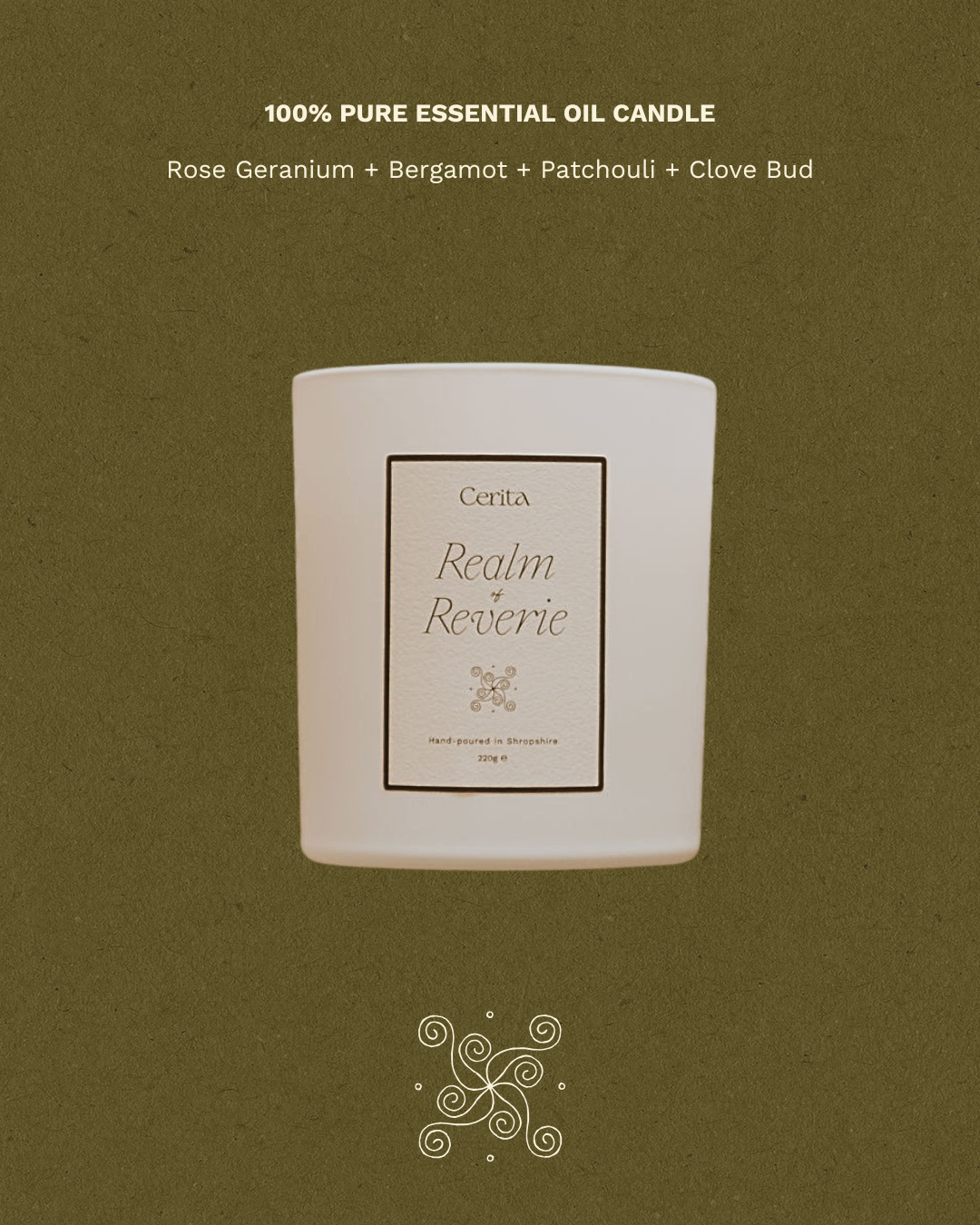 realm of reverie aromatherapy candle by Cerita on green background with fragrance notes text
