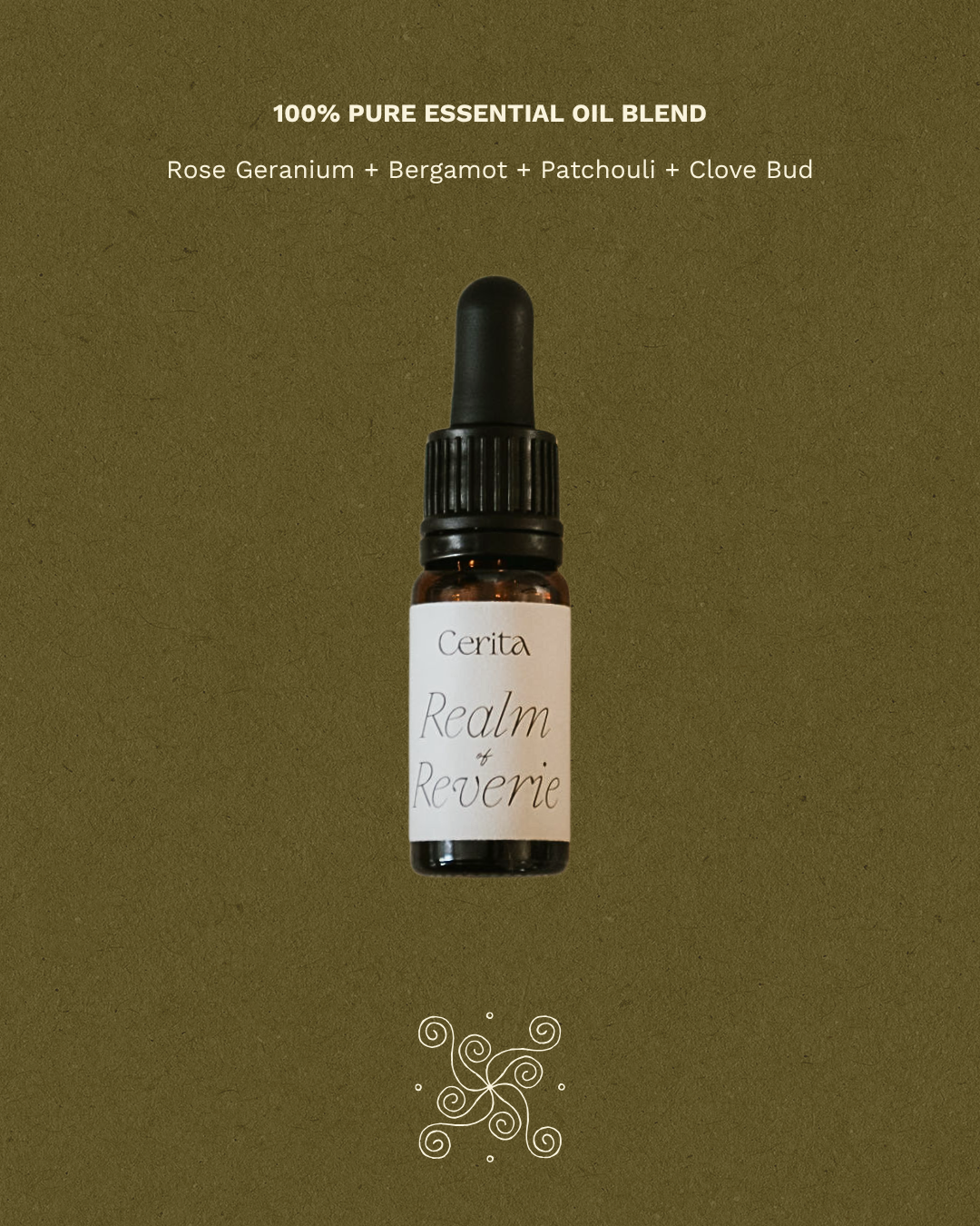 bottle of realm of reverie essential oil blend by Cerita on green background with fragrance notes text
